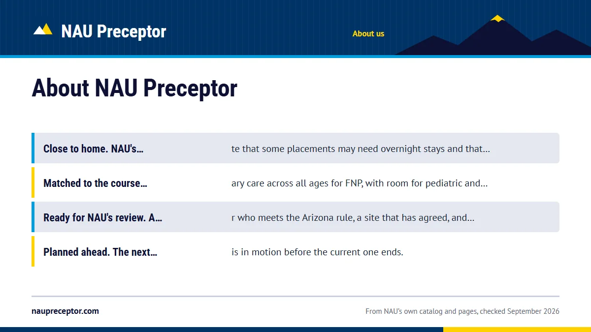 What we think a good NAU placement looks like: Close to home. NAU's guidelines note that some placements ma; Matched to the course. Family primary care across all ages f; Ready for NAU's review. A preceptor who meets the Arizona ru; Planned ahead. The next practicum is in motion before the cu.