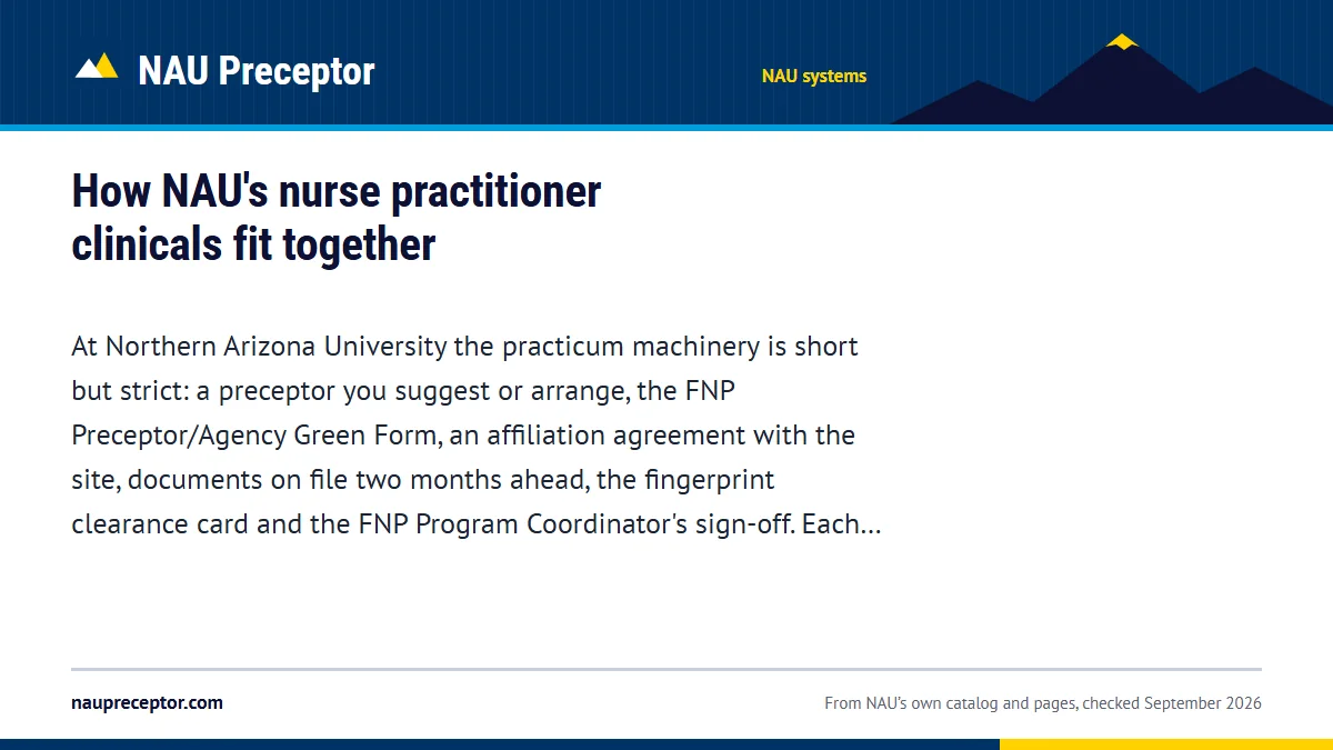 How NAU's nurse practitioner clinicals fit together. At Northern Arizona University the practicum machinery is short but strict: a preceptor you suggest or arrange, the FNP Preceptor/Agency Green Form, an affiliat